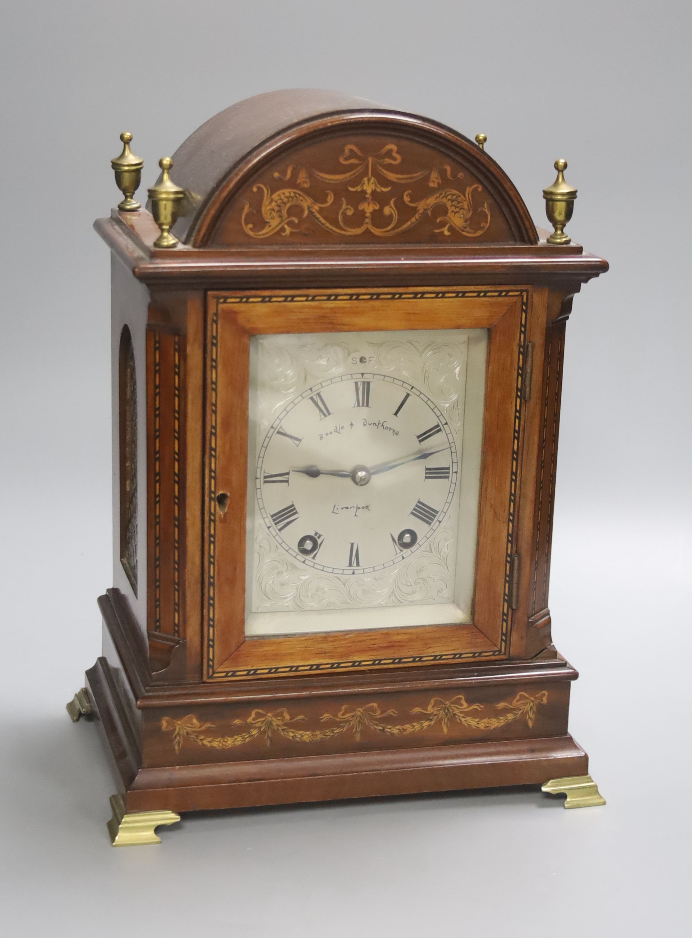 An inlaid mahogany eight day bracket clock, the silvered 3.5 inch dial later marked Boodle & Dunthorne, Liverpool, 23cm wide 32cm high
